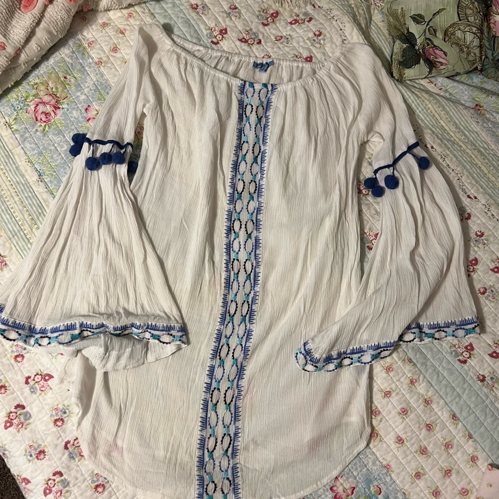 Vintage White and Blue Embroidered Women's Boho Peasant Top